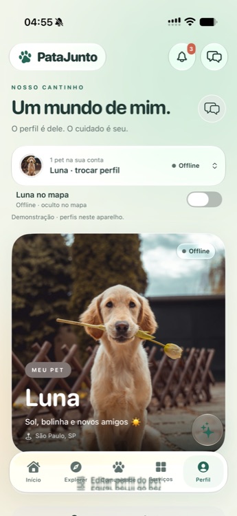 Tela do perfil de um pet no aplicativo PataJunto, com foto, características e acesso à saúde e carteira